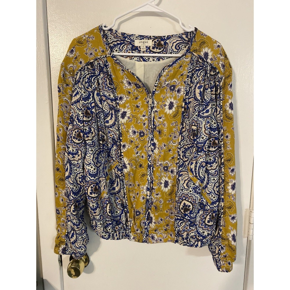 Umgee Blue Yellow Paisley Printed Full Zip Jacket Womens Small